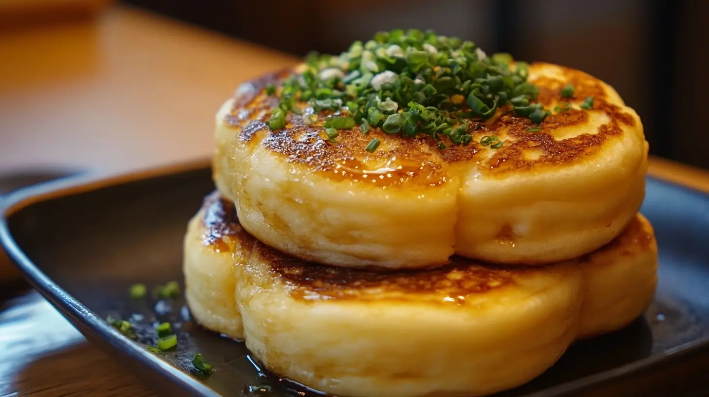 A stack of fluffy Japanese soufflé pancakes, golden and airy, topped with a dollop of whipped cream, fresh berries, and a drizzle of maple syrup, served on a white plate in a cozy café setting.