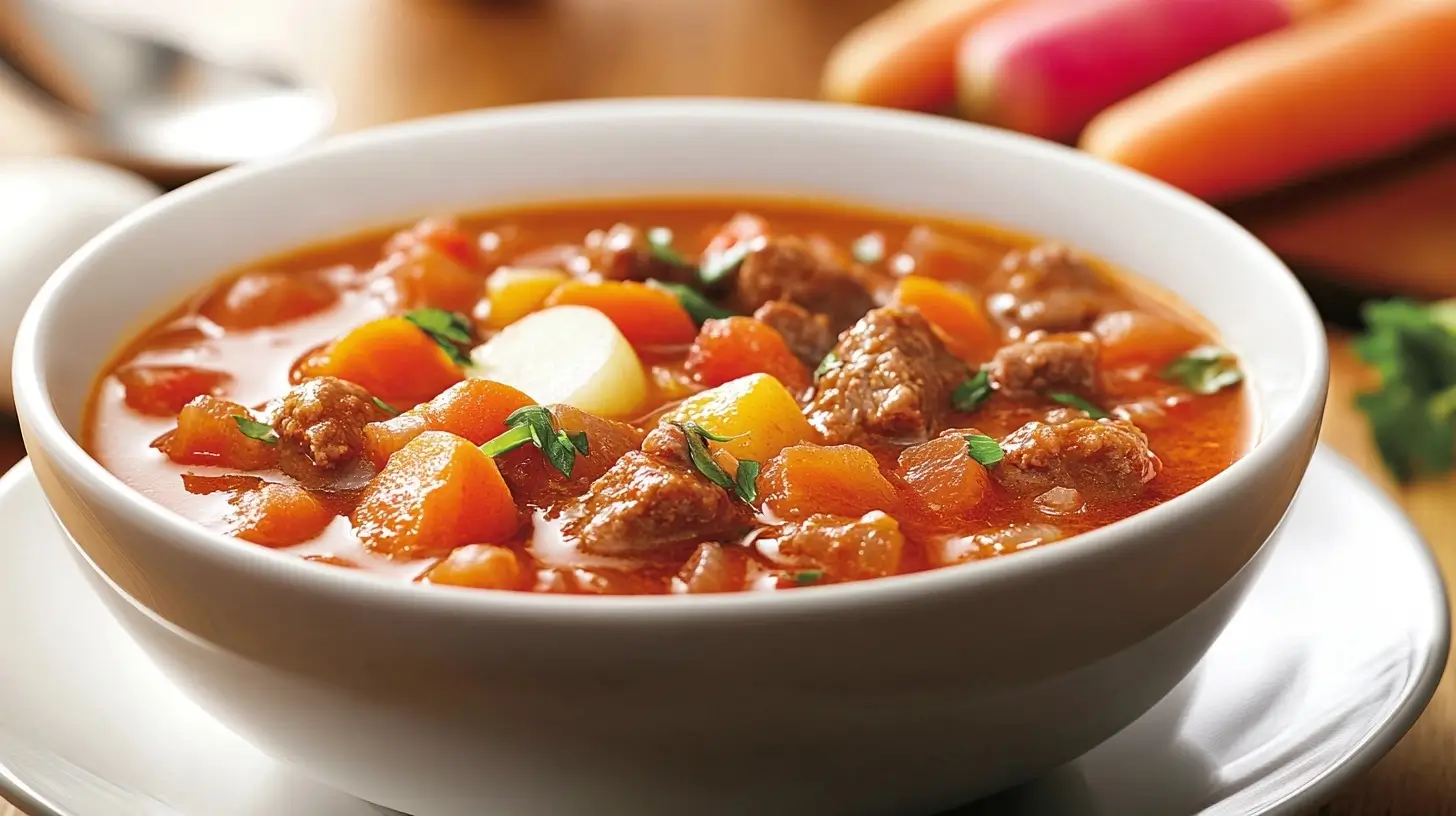 A steaming bowl of hearty beef soup with tender chunks of beef, vibrant carrots, and radish slices in a rich, flavorful broth, garnished with fresh herbs.