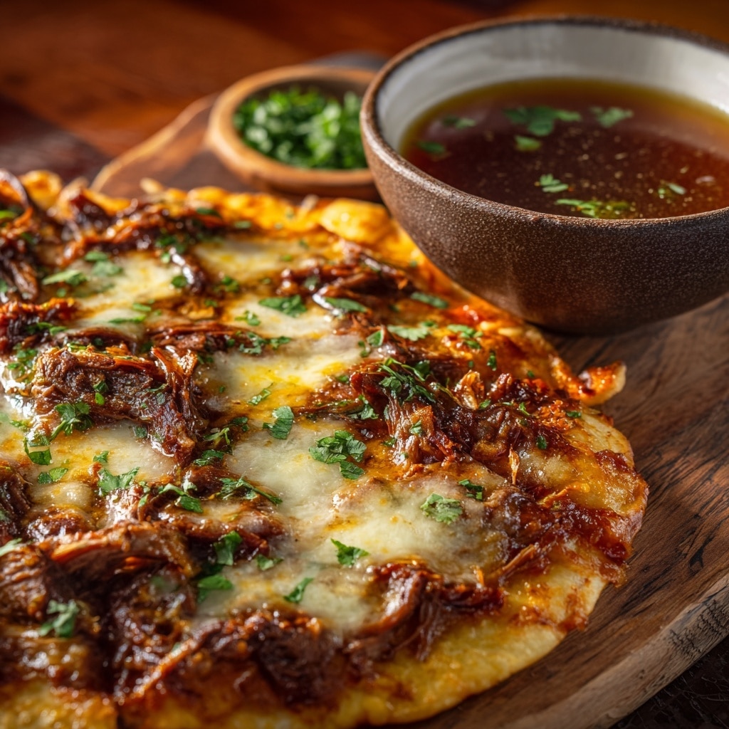birria pizza with consommé dipping sauce