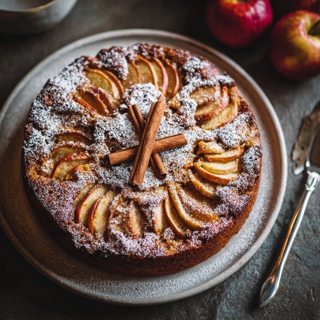 Round cinnamon apple cake decorated with apple slices, dusted with powdered sugar, and topped with whole cinnamon sticks.