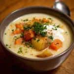 A creamy potato soup served in a brown bowl, topped with diced carrots, potatoes, fresh parsley, sour cream, and a sprinkle of paprika.