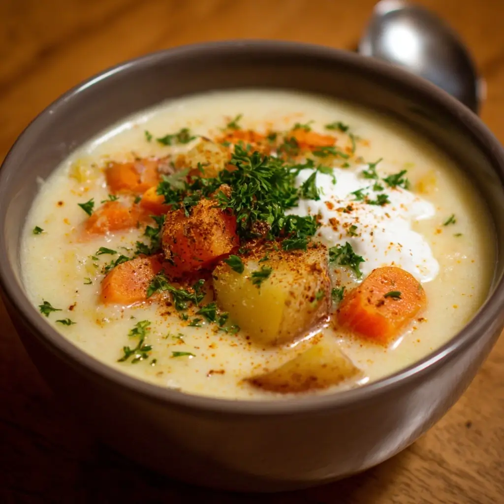 A creamy potato soup served in a brown bowl, topped with diced carrots, potatoes, fresh parsley, sour cream, and a sprinkle of paprika.