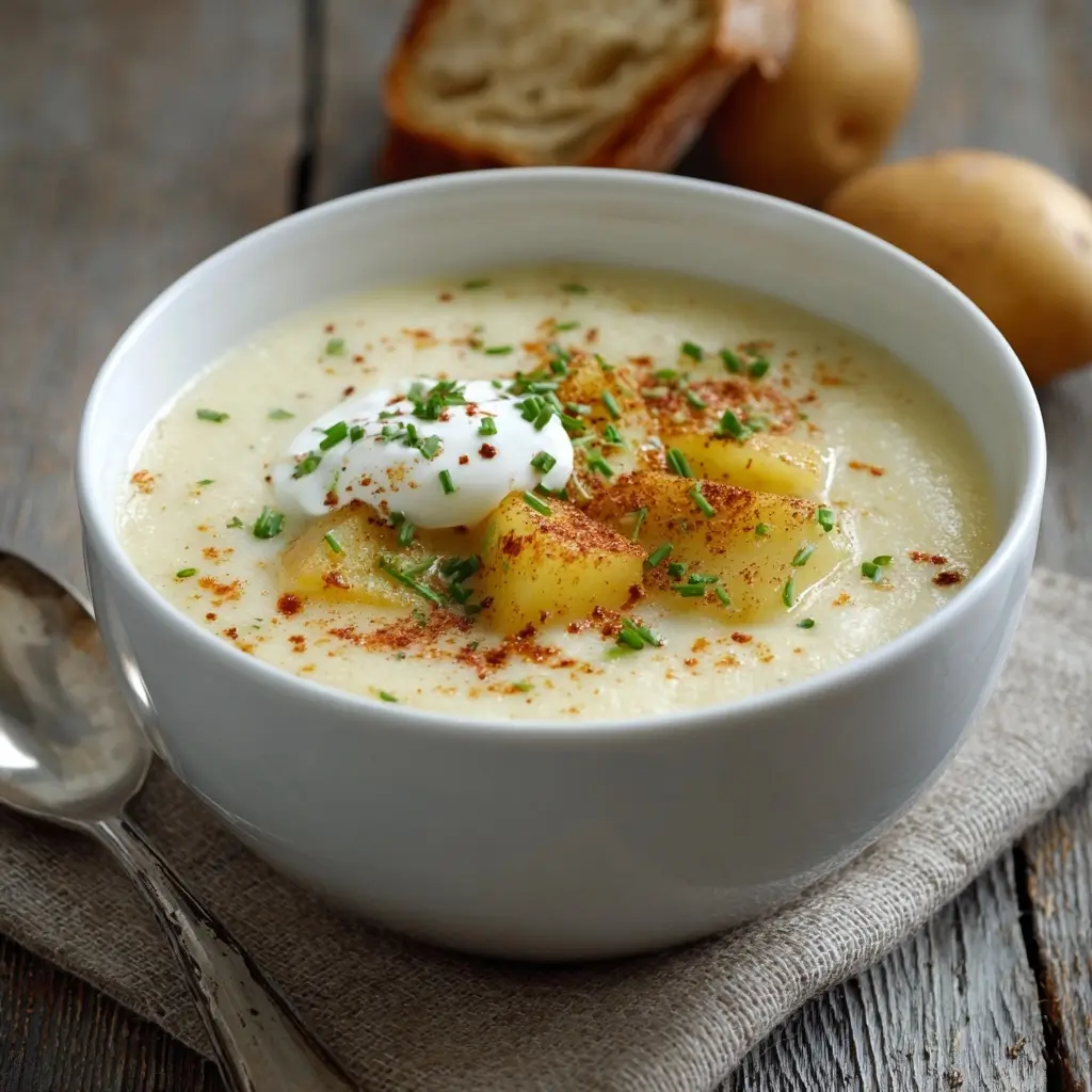 A warm bowl of creamy potato soup in a white bowl, garnished with sour cream, fresh chives, paprika, and chunks of golden potatoes, with bread in the background.