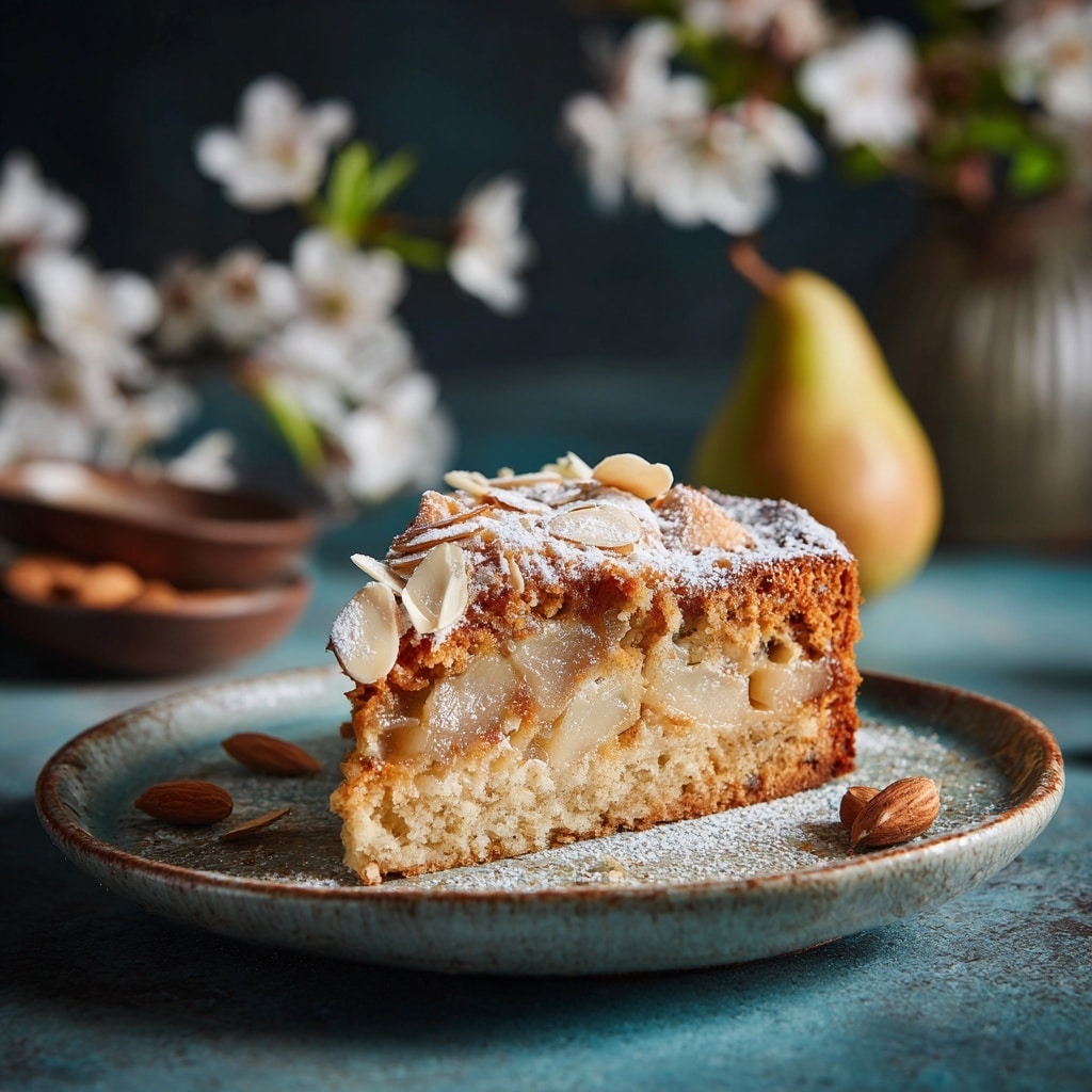 A slice of pear & almond cake on a rustic plate, dusted with powdered sugar and topped with almond slices.
