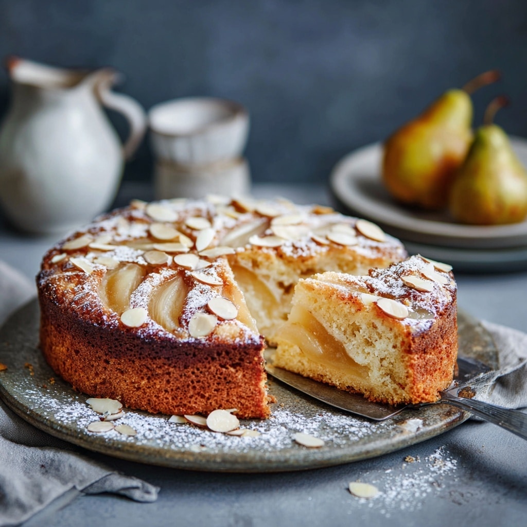 A round pear & almond cake topped with pear slices and almonds, with one slice being served.
