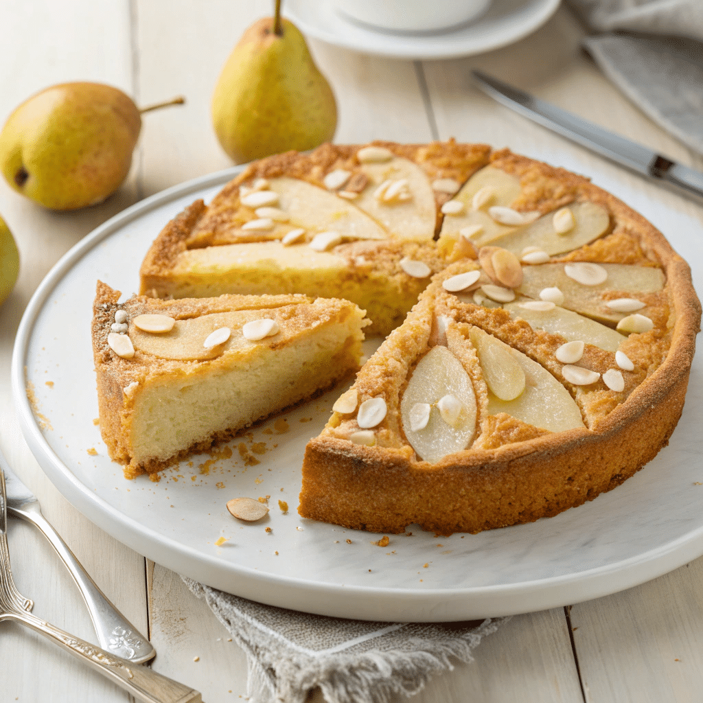 A golden pear & almond cake topped with sliced pears and almond flakes, cut into wedges on a white plate.
