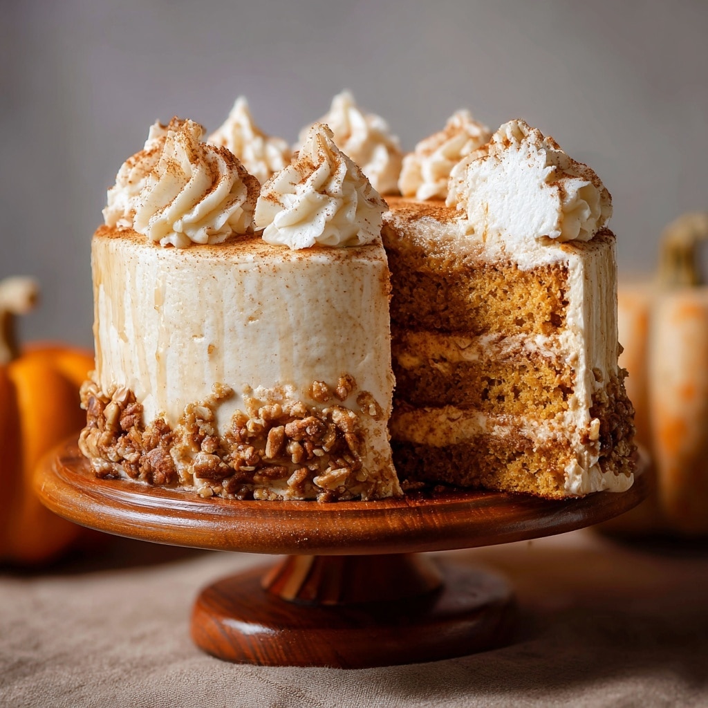 A layered pumpkin spice cake with cream cheese frosting, topped with whipped swirls and crushed nuts on a wooden cake stand.
