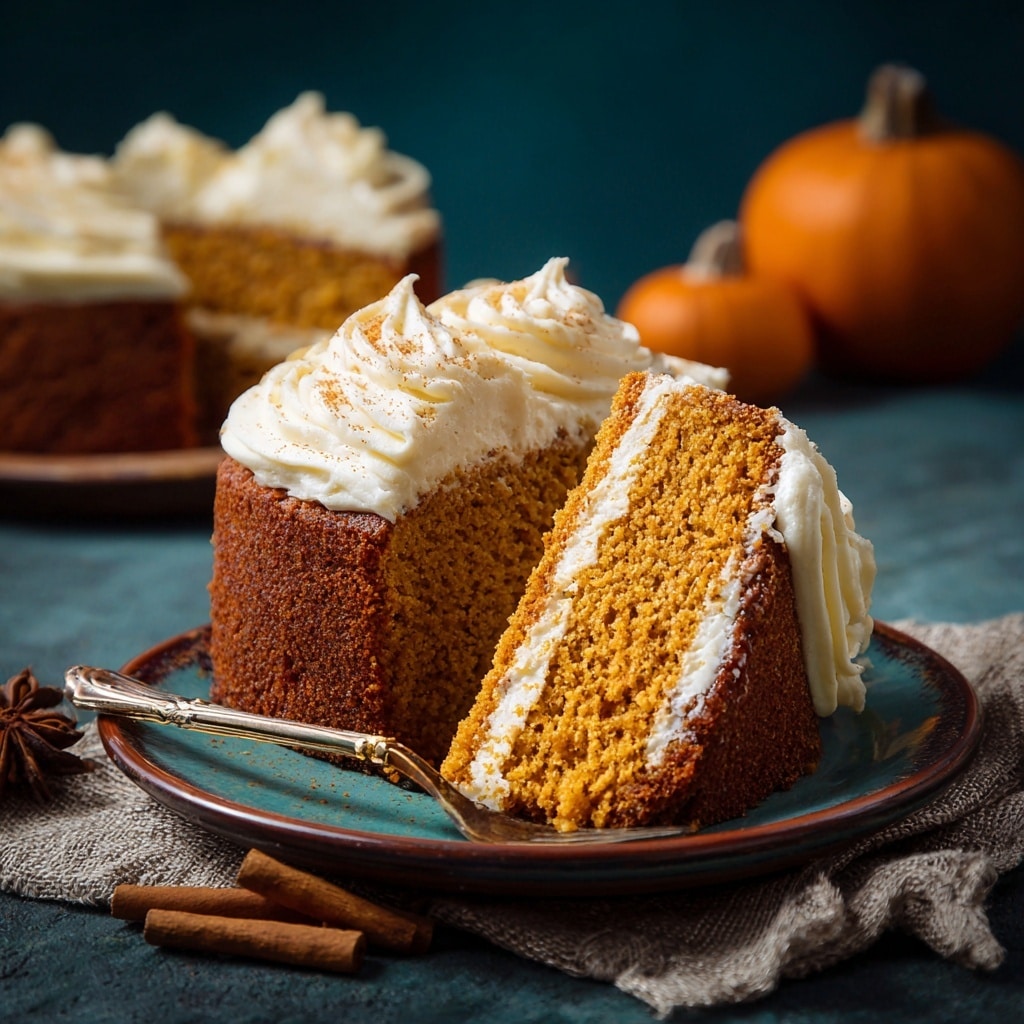 A slice of pumpkin spice cake with cream cheese frosting served on a plate, decorated with cinnamon sticks and pumpkins in the background.