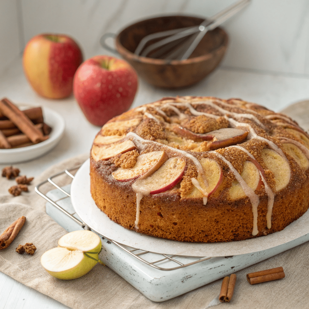 Cinnamon apple cake drizzled with glaze, topped with apple slices and brown sugar, cooling on a wire rack.