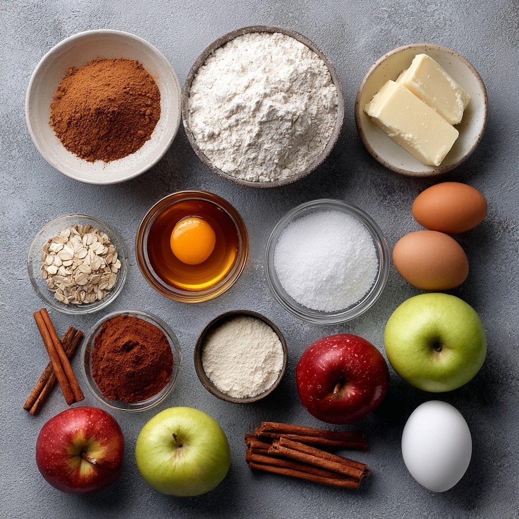 Overhead shot of cinnamon apple cake ingredients: red and green apples, flour, sugar, butter, eggs, oats, and cinnamon.