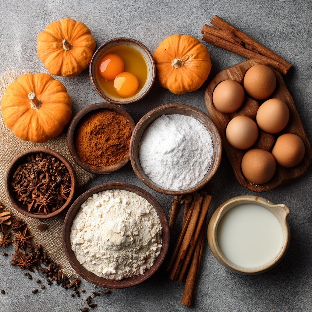 Overhead view of pumpkin spice cake ingredients including mini pumpkins, flour, sugar, eggs, milk, and spices on a rustic table.
