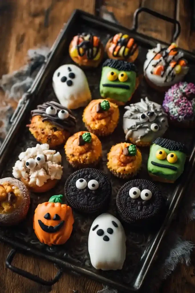 Halloween cupcakes decorated like Frankenstein, ghosts, mummies, and pumpkins on a rustic tray.