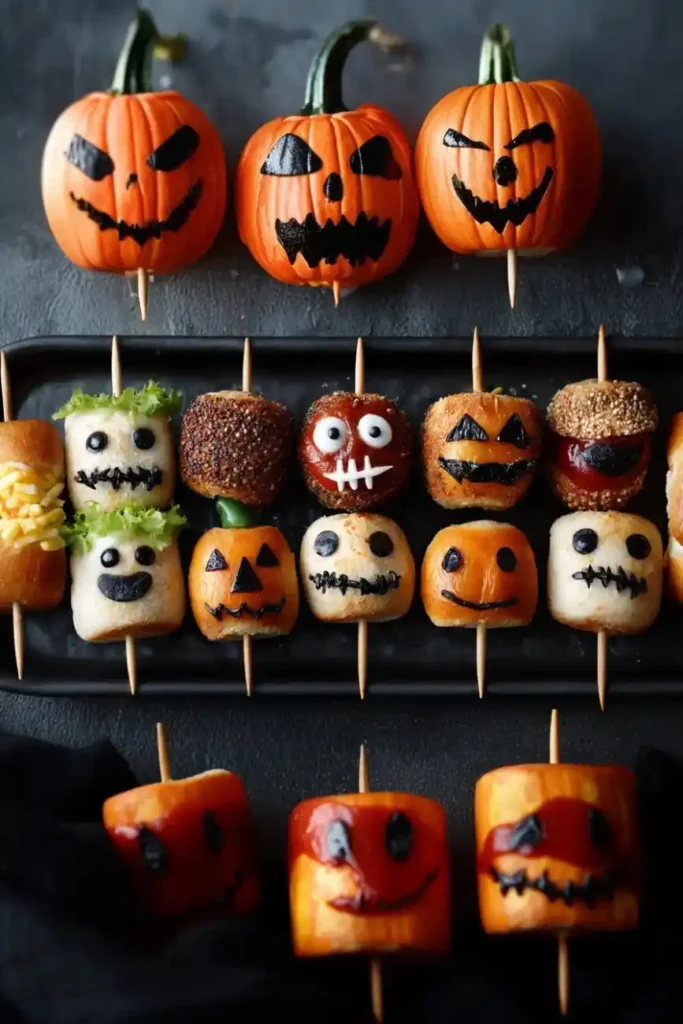 Halloween skewers decorated as mini pumpkins, mummies, and monsters using bread rolls and creative toppings.