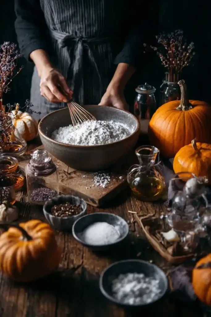 Person whisking flour in a rustic kitchen surrounded by pumpkins and fall ingredients.