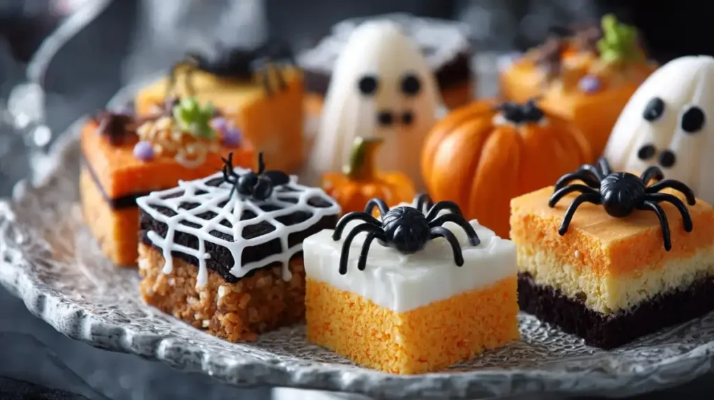 Halloween-themed mini cakes decorated with black candy spiders, white frosting webs, and layers of orange and chocolate sponge.