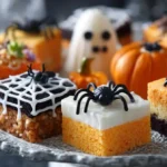 Halloween-themed mini cakes decorated with black candy spiders, white frosting webs, and layers of orange and chocolate sponge.