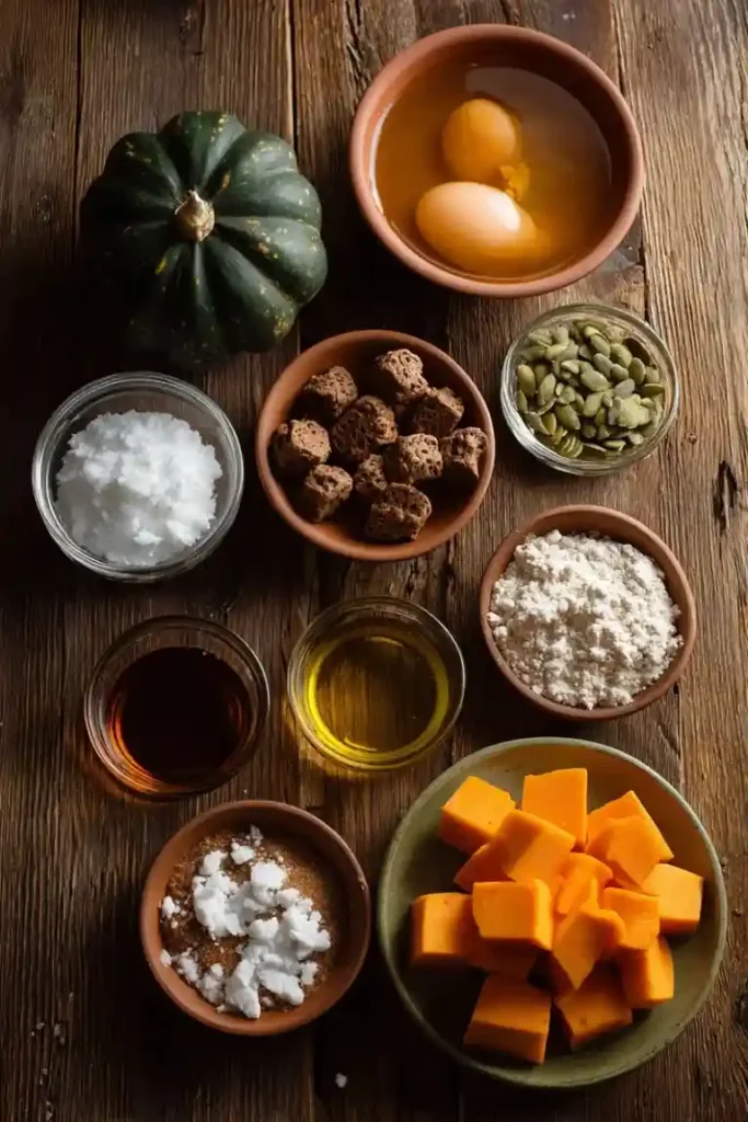 Flat lay of baking ingredients including eggs, flour, pumpkin cubes, oil, and spices on a rustic wooden surface.