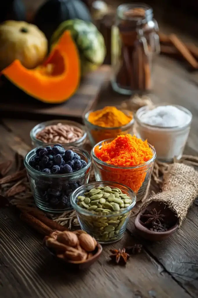 Assorted glass jars of autumn ingredients including pumpkin seeds, grated carrot, berries, cinnamon sticks, and nutmeg.