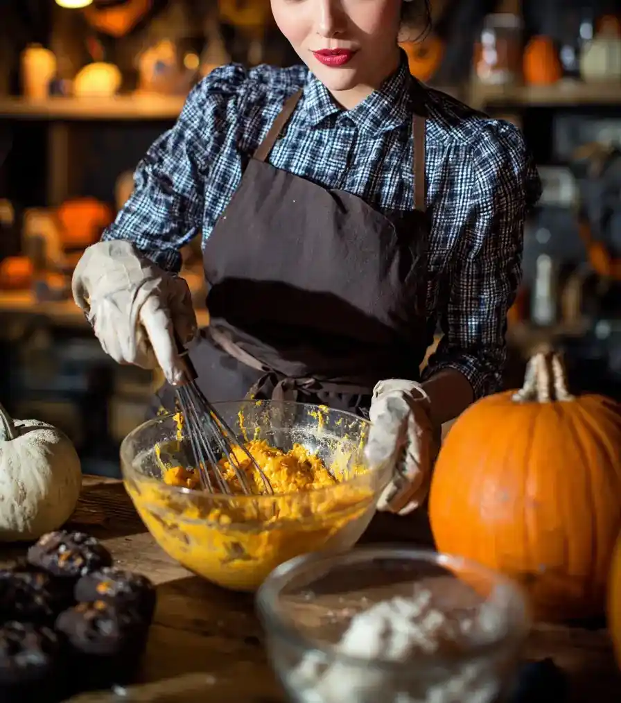 Woman in a dark kitchen mixing pumpkin batter surrounded by pumpkins and baking ingredients.