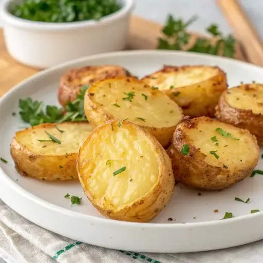 Golden air fryer potato halves with herbs on a white plate