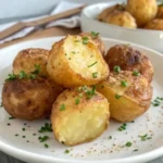 Crispy whole baby potatoes with herbs on a plate