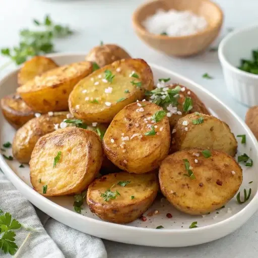 Air fryer roasted potatoes garnished with parsley and sea salt