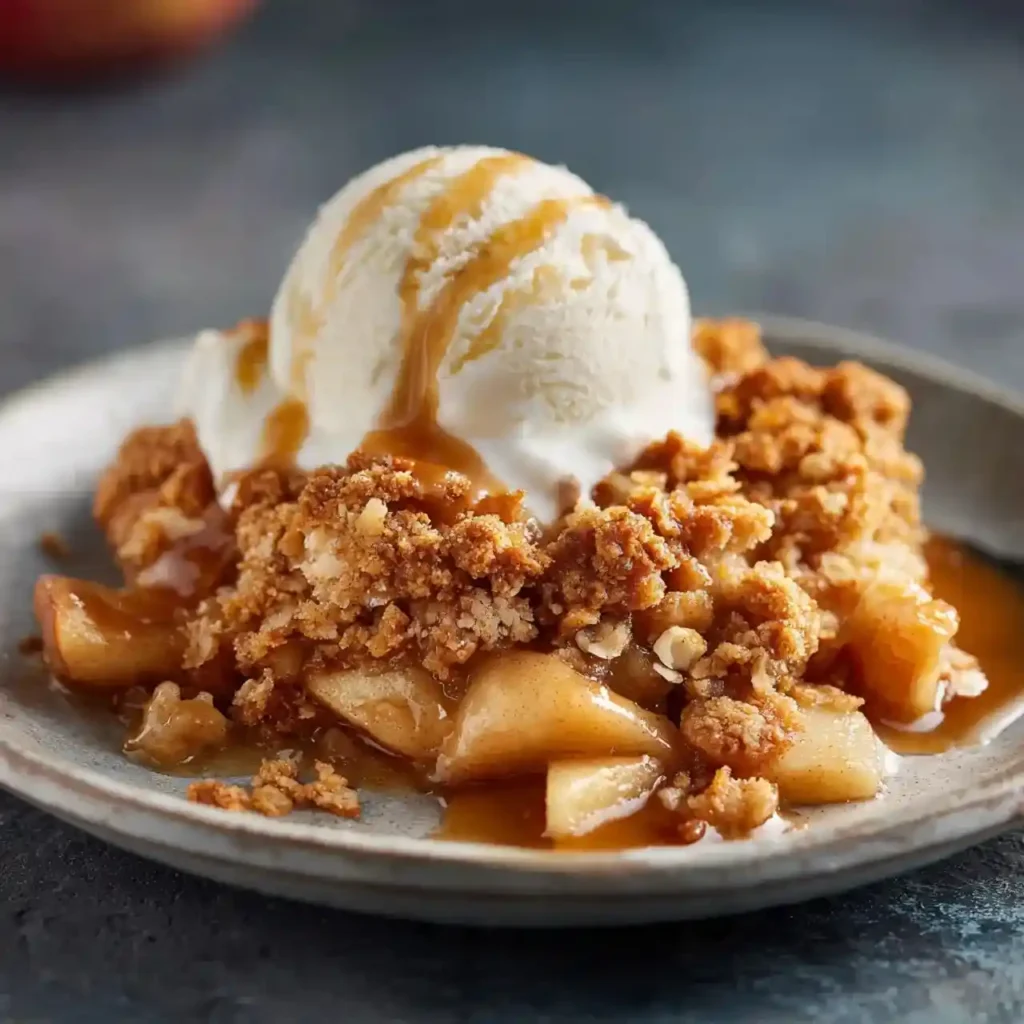 Warm apple crisp topped with vanilla ice cream and drizzled with caramel sauce on a plate.