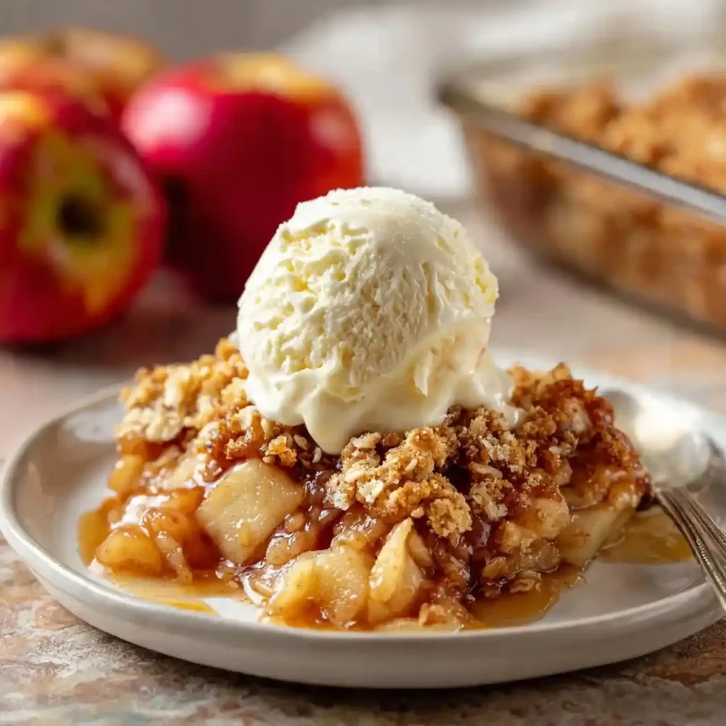Apple crisp with a scoop of vanilla ice cream on top, served on a white plate with fresh apples in the background.