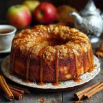 Apple cider bundt cake topped with caramel drizzle and crumble topping, styled with apples and cinnamon sticks on a rustic table.