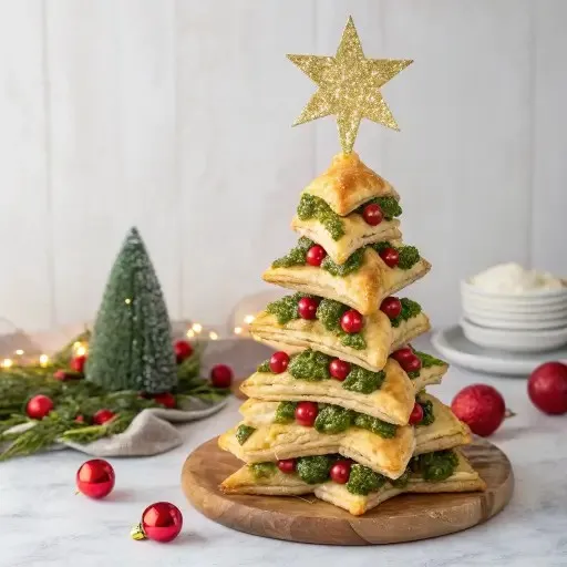 Golden baked puff pastry triangles with melted cheese and pesto shaped like a Christmas tree.