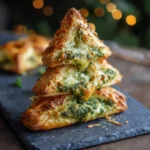 Layered puff pastry tree filled with green pesto and melted cheese, dusted with grated Parmesan.