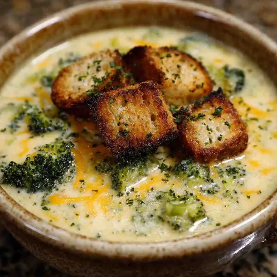 Broccoli cheddar soup garnished with golden croutons and melted cheese in a rustic bowl.