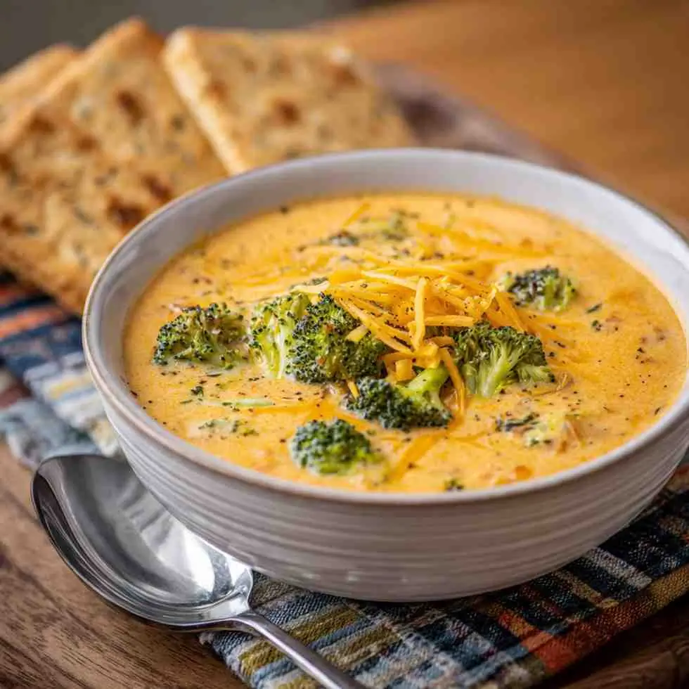 Warm bowl of cheesy broccoli soup with fresh florets and shredded cheddar on top.