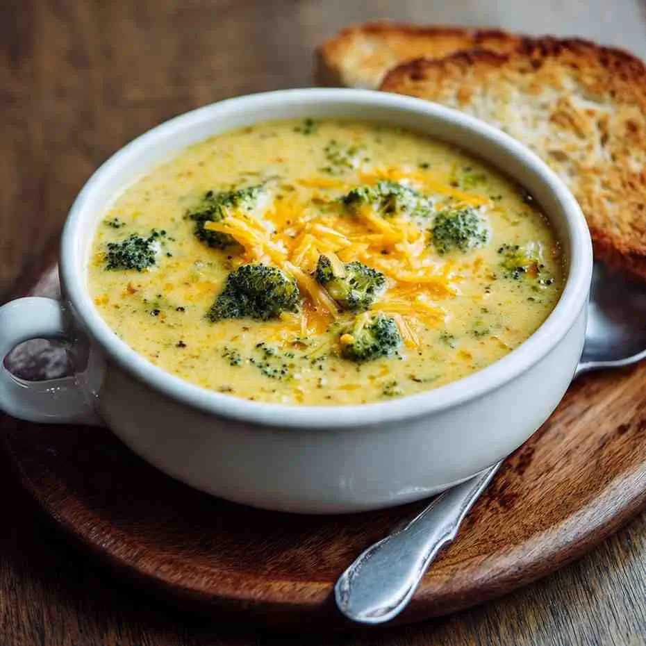Bowl of creamy broccoli cheddar soup topped with melted cheese and served with toasted bread.