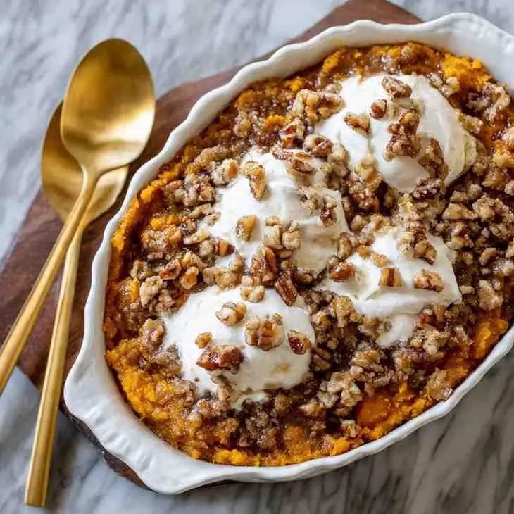 Baked sweet potato casserole in a white dish layered with brown sugar pecan crumble and dollops of melted marshmallows.