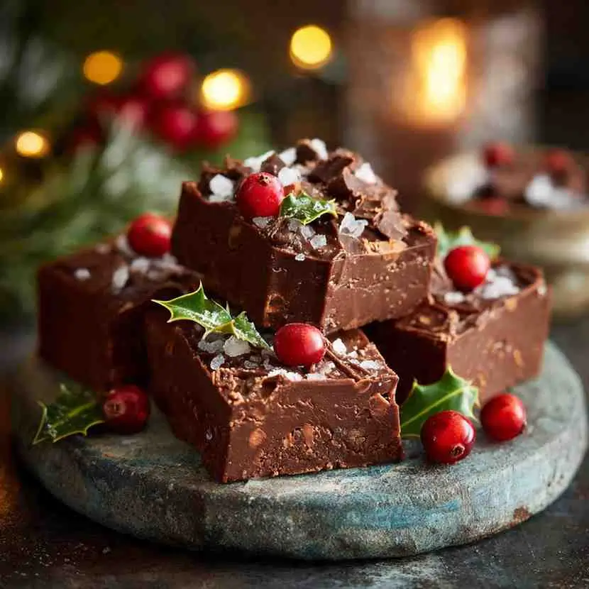 Rich Christmas chocolate fudge squares topped with cranberries and festive holly leaves.
