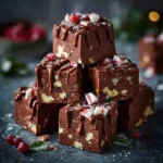 Stacked holiday chocolate fudge drizzled with chocolate and sprinkled with peppermint candy.