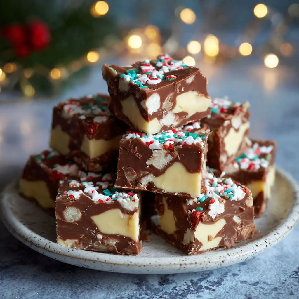 Christmas chocolate fudge squares stacked on a plate, topped with red, white, and green sprinkles.