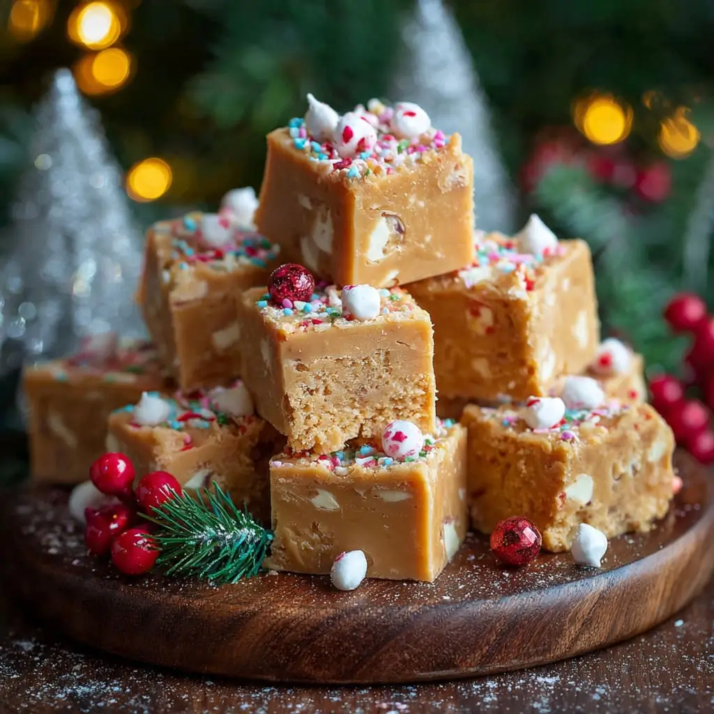 Stacked butterscotch Christmas fudge decorated with festive sprinkles and mini candies.