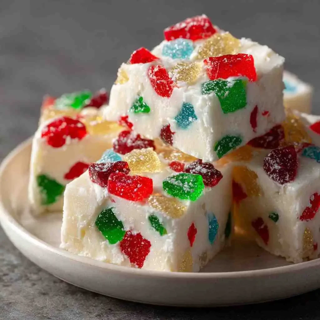 White Christmas fudge filled with colorful red, green, yellow, and blue gumdrops.