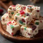 Holiday gumdrop fudge squares topped with red and green sprinkles.