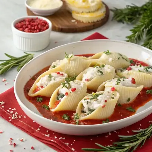 Christmas Stuffed Shells : Jumbo pasta shells stuffed with ricotta and herbs served over marinara sauce and topped with festive red and green garnish.