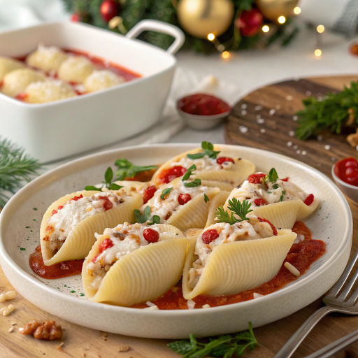 Holiday stuffed pasta shells topped with marinara, melted cheese, and red and green festive garnish on a white plate.