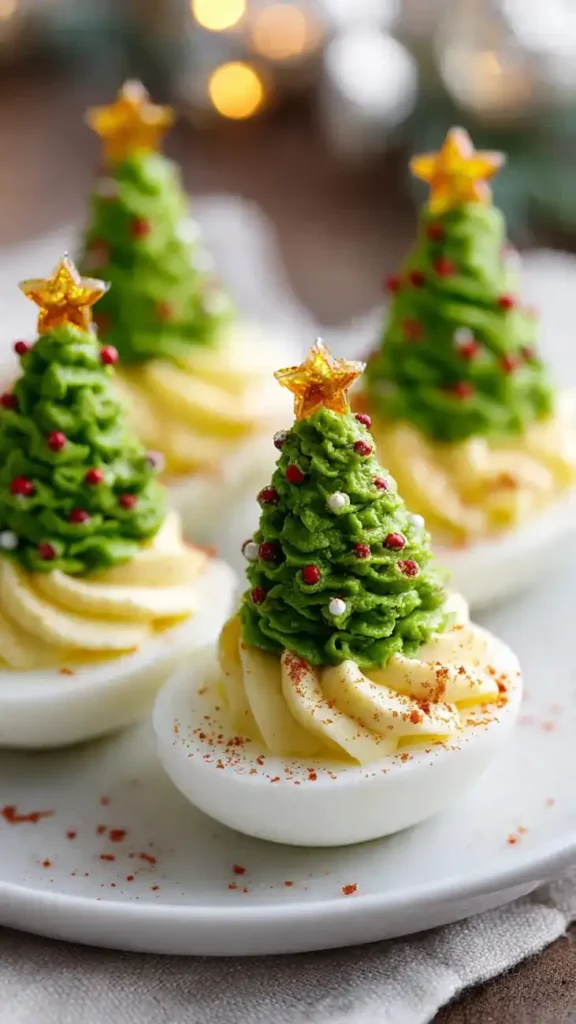 Deviled eggs shaped like mini Christmas trees with green piped filling and star toppers.