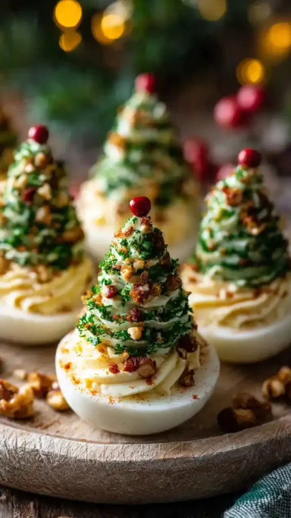 Deviled eggs decorated like Christmas trees with parsley, nuts, and a cranberry topper.