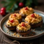 Stuffed mushrooms topped with creamy filling, crispy crumbs, and red holiday berries.