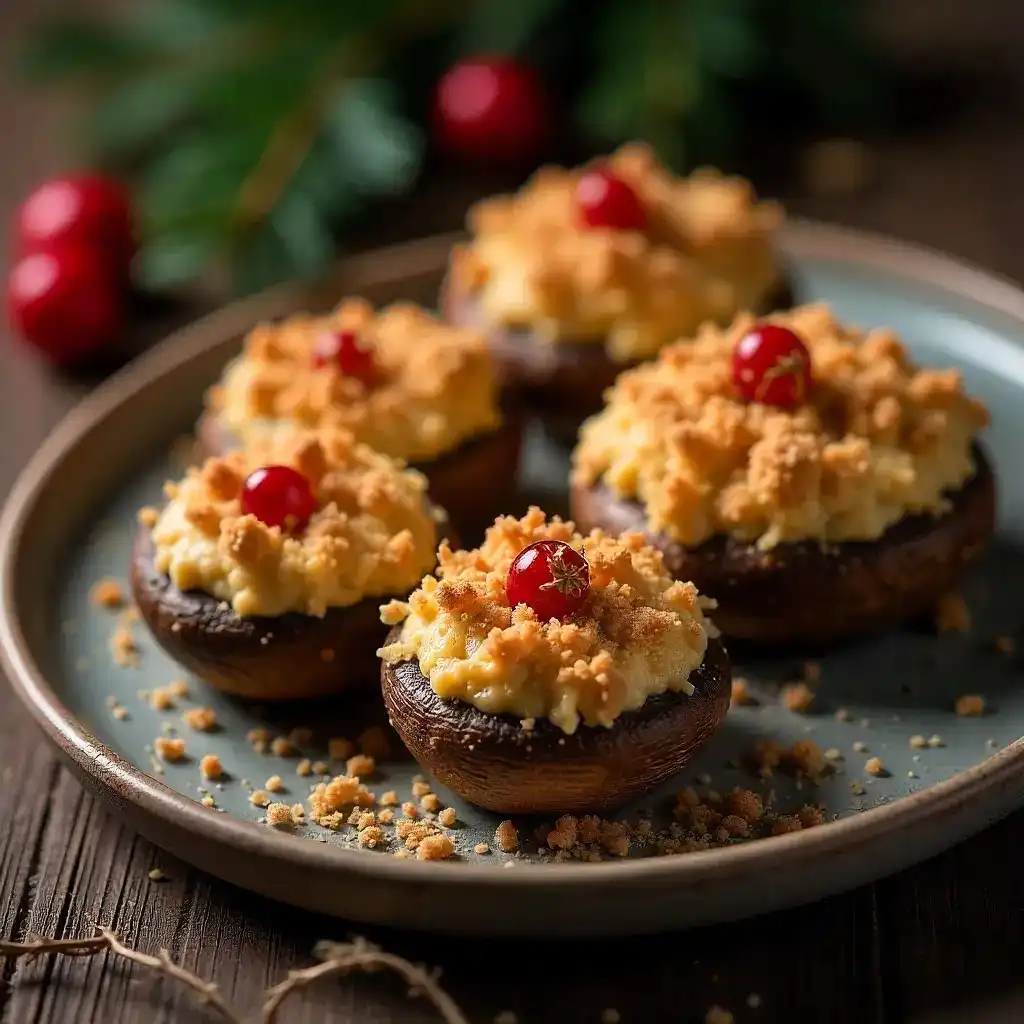 Stuffed mushrooms topped with creamy filling, crispy crumbs, and red holiday berries.