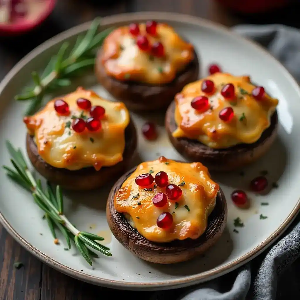 Baked stuffed mushrooms with melted cheese and pomegranate seeds on top.