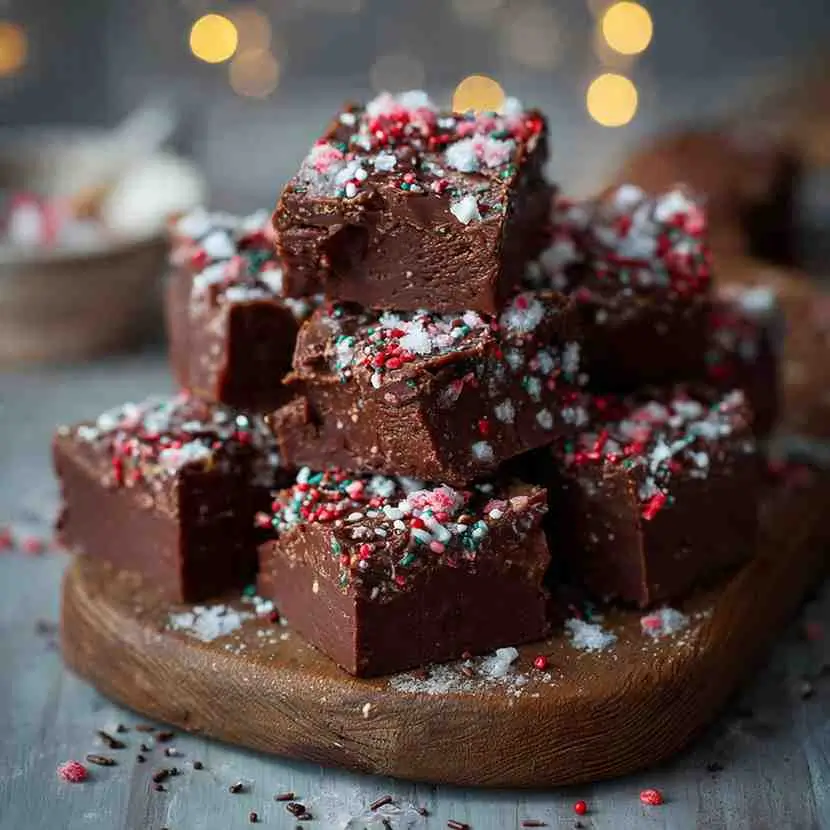 Thick Christmas chocolate fudge cubes covered in red and green holiday sprinkles.