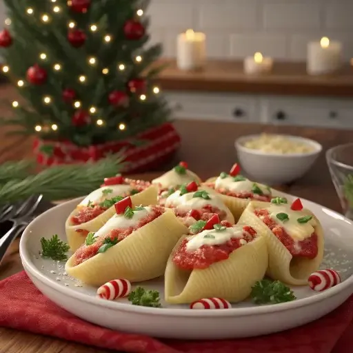 Ricotta-stuffed pasta shells served in marinara sauce and garnished with herbs, crushed nuts, and red topping accents.